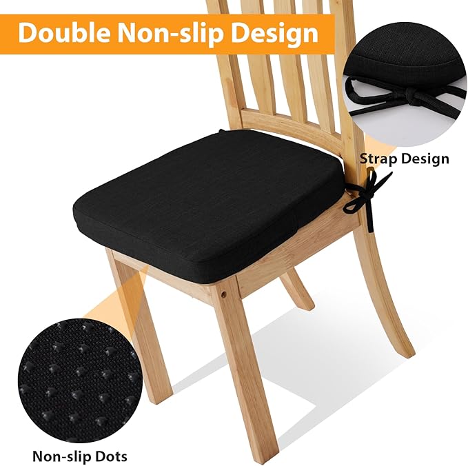 Chair Cushions for Dining Chairs, 2" Thick Seat Cushions for Kitchen Chairs, D-Shaped Chair Pads with Washable Cover, Ties and Non Slip Backing, 17'' x 16'', Set of 4, Black
