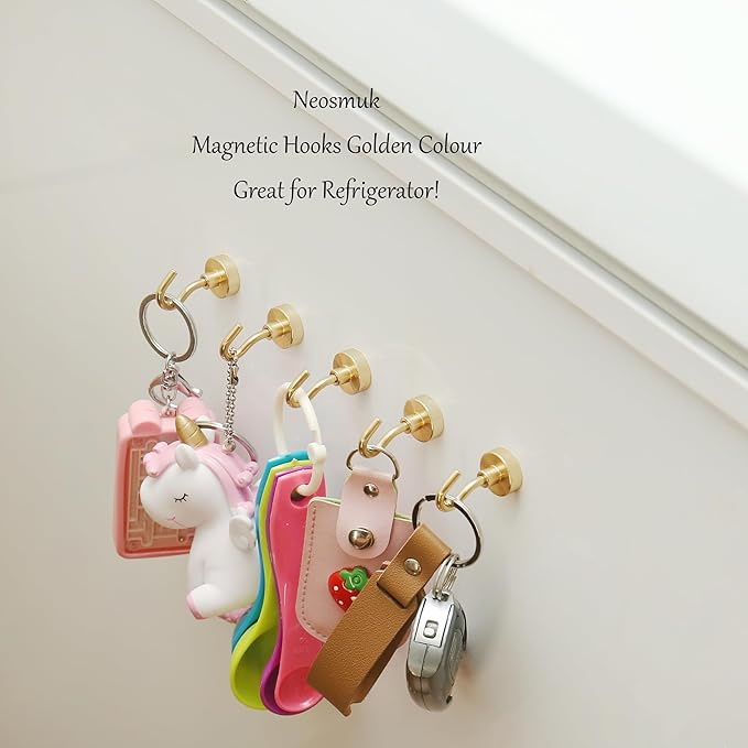 Neosmuk Magnetic Hooks, 30lb+ Heavy Duty Earth Magnets with Hook for Refrigerator, Extra Strong Cruise Hook for Hanging, Magnetic Hanger for Cabins, Grill (Golden, Pack of 6)