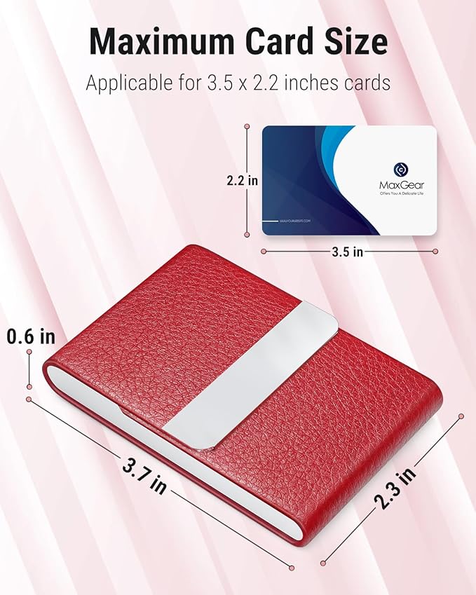 MaxGear Business Card Holder, Slim PU Leather & Stainless Steel Business Card Case for Men & Women, RFID Blocking Name Card Holder with Magnetic Closure, Red