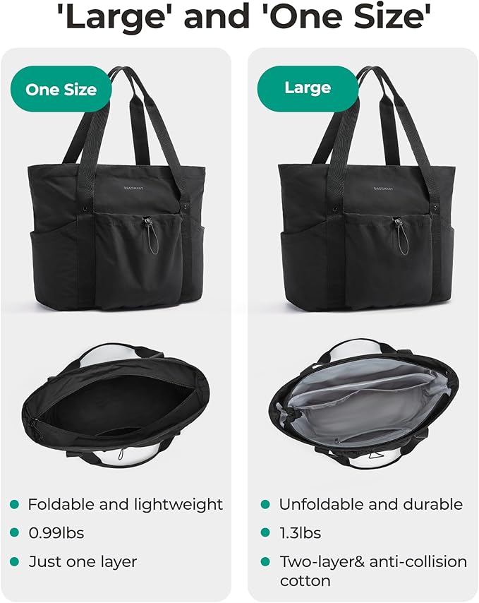 BAGSMART Foldable Tote Bag with Drawstring Bag, Large Tote Bag Shoulder Bag Top Handle Handbag for Travel, Work, Beach, Gym