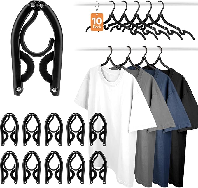 HOUSE DAY Travel Hangers, Portable Folding Hangers for Suitcase, Cruise Ship Essentials, Space Saving Clothes Hanger with Non-Slip Grooves for Vacation, Business Trip, Dorm (10 Pack Black)