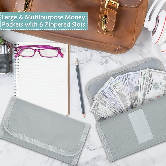 VOCHIC Money Wallet, Money Organizer for Cash with 6 Zippered Pocket Multipack Money Pouch, Cash Bill Organizer, Money Bag Small Travel Money Holder for Budgeting, Receipt and Tips