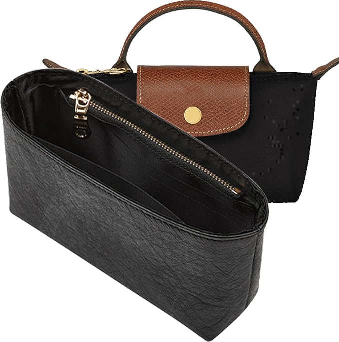 Upgraded Purse Organizer Insert Compatible with Longchamp Mini Xtra/Original/Green XS Pouch, DupontPaper Handbag Organizer Divider Shaper Inner with Zipper, Full-black/XS