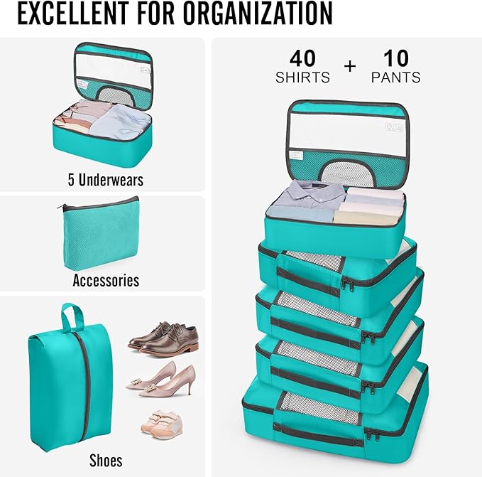 Veken 10 Set Packing Cubes for Kids & Toddler, Airplane Travel Essentials, Beach Vacation & Road Trip Suitcase Organizer Bags Set for Luggage, with Hanging Toiletry & Shoe Bag