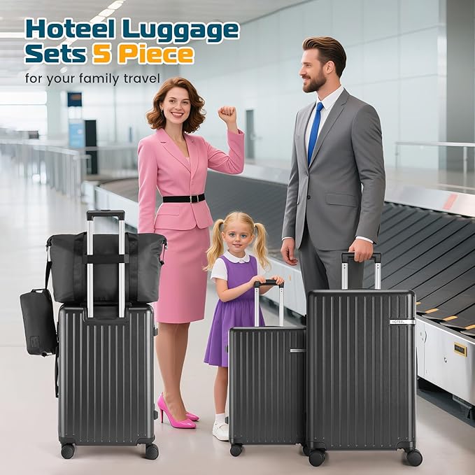 Hoteel Luggage Sets 5 Piece (4-YEARS WARRANTY), ABS+PC Suitcases with Wheels and Side Hook, Hardshell 20/24/28 inch Luggage with Duffel Bag Travel Bag, Black