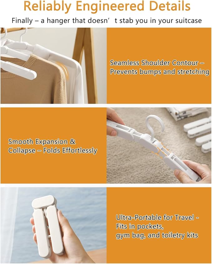 Foldable Travel Hanger with Clips - 5 Pack Portable Collapsible & Space-Saving Hangers for Cruise Suitcase, White