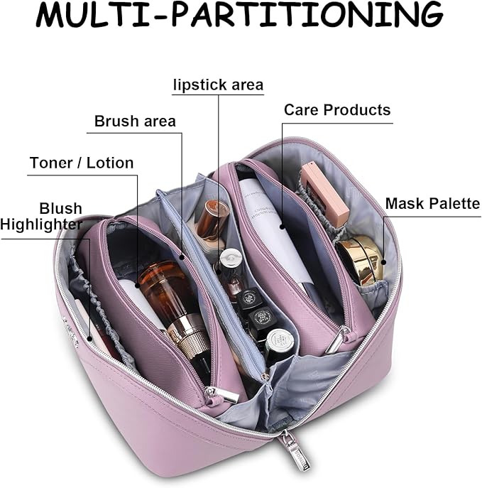 BOYATU Travel Makeup Bag Organizer Cosmetic Bag: 3 Pcs Set Make up Bags for Women with Handle - Waterproof Vegan Leather Toiletry Bags Travel Essentials Pouch with Compartments (C-06-Purple)