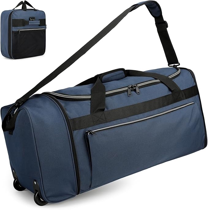80L Foldable Rolling Duffle Bag with Wheels, 28” Large Duffle Bag for Travel, Carry On Luggage Duffel Bag for Traveling/Camping/Moving, Water Resistant, Blue