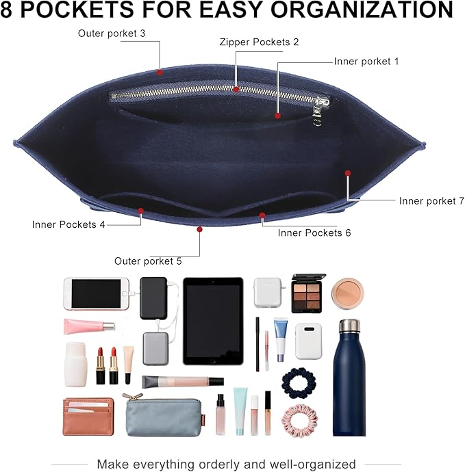 Doxo Felt Purse Organizer Insert for Longchamp Le Pliage M Totes, Longchamp Orgainzer Insert Meduim with 7 Compartments & YKK Zipper | Fits Long Champ Meidum Top Handle Tote Bag (SM, Navy)