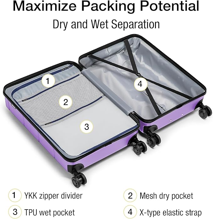 KYME Carry On Luggage 22x14x9 Airline Approved with TSA Lock Hardshell Expandable 20 Inch Suitcase Carry On Suitcase with Wheels Small Travel Rolling Luggage with Cup Holder for Women Lt Purple
