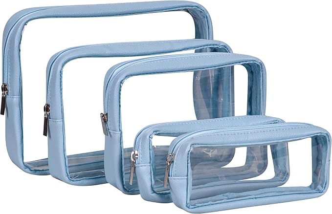 TSA Approved 5-Piece Diaper Bag Organizer Pouch Set Clear Waterproof TPU Kids Toiletry Storage Set Travel Packing Clutch Cube Bags for Baby Nursing (Blue)