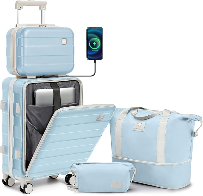 imiomo Carry on Luggage Airline Approved with Front Pocket and USB Port, Hard Shell 20 Inch Travel Carry-on Suitcase with Spinner Wheels and TSA Lock, Blue Beige