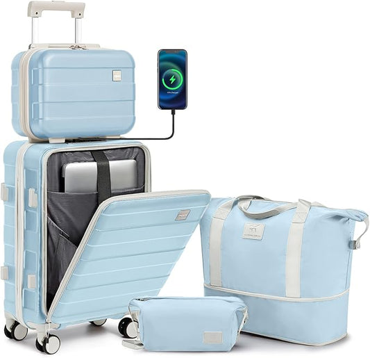imiomo Carry on Luggage Airline Approved with Front Pocket and USB Port, Hard Shell 20 Inch Travel Carry-on Suitcase with Spinner Wheels and TSA Lock, Blue Beige