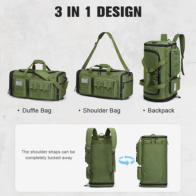 G4Free 3-in-1 Duffle Bag for Travel, Large Gym Duffle Backpack for Men Women with Shoes Compartment and Wet Pocket, Green