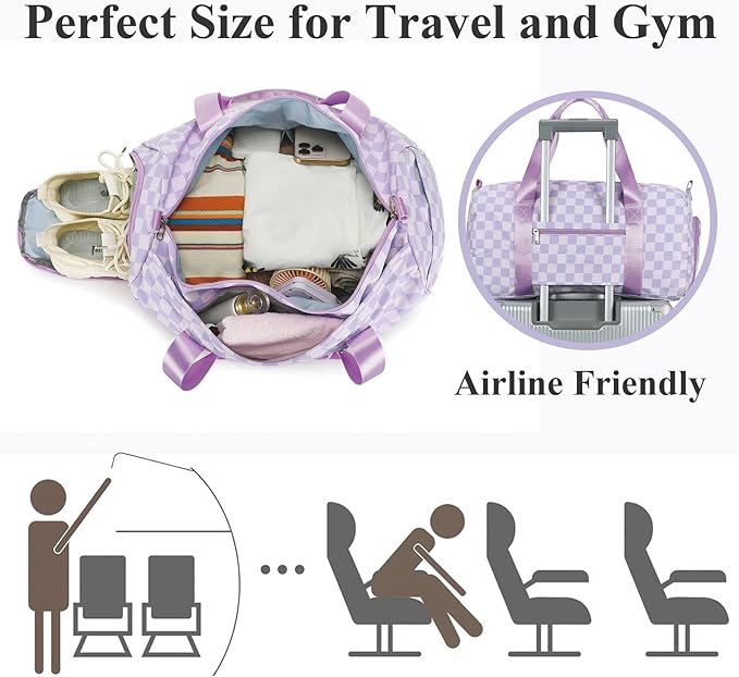 LEDAOU Duffle Bag Girls Kids Cute Dance Bag with Shoes Compartment Gym Bag with Wet Pocket Sports Overnight Travel Bag (Purple Checkered)