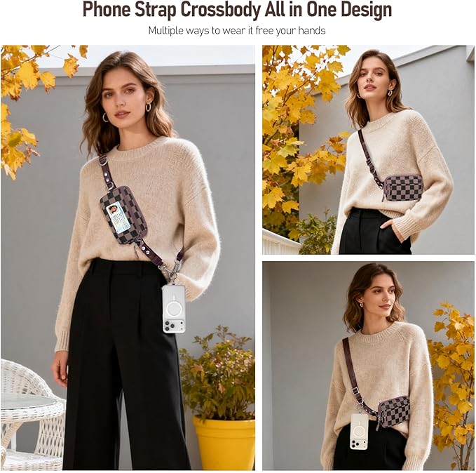 Tiostep Clip and Go Strap for Phone with Wallet Crossbody Phone Lanyard and Detachable Checkered Bag with ID Window and RFID Pouch for Daily Travel.