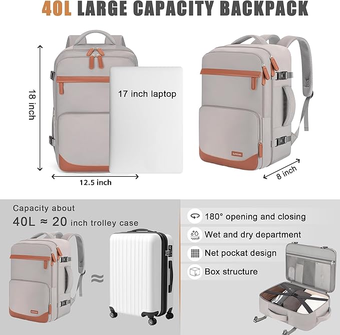40L Travel Backpack, Water-Resistant Carry On Backpack for Men Women, Business Laptop Backpack for Trips & Commutes, Fits 15.6/17.3 Inch Laptop