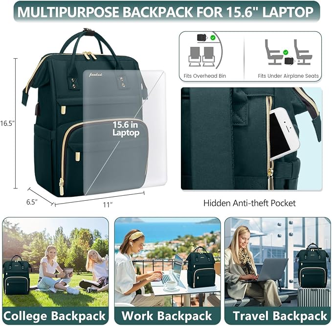 Focdod Women Laptop Backpack Work Bag - Fits 15.6 inch with Laptop Compartment Waterproof Professional Fashion Travel Purse for College Nurse Business Computer Backpack Dark Green