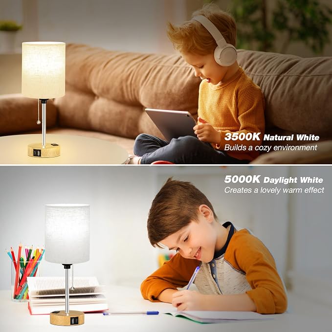 Small Bedside Table Lamp for Bedroom, Desk Lamp with USB Ports for Dorm | USB A+C Ports, AC Outlet, 3 Color Temperatures, LED Bulb Included, Linen-Fabric Shade, Wood Grain Base, 14" Night Stand Lamp