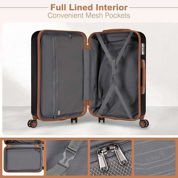 Kono 28 Inch Luggage Large checked Lightweight Hardside Suitcase with Spinner Wheels & Built-in TSA Lock, Black