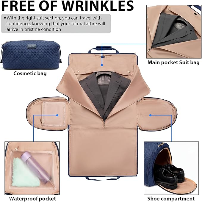 Coolife Garment Bag Carry On Convertible Travel Duffel Bag with Shoe Pouch Weekender Bag for Women Men 2 in 1 Hanging Suit Bag with Shoulder Strap Business Travel Bag (Navy, Standard)