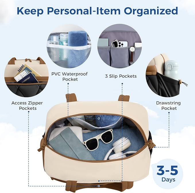 Gym Bag for Women, Puffer Travel Duffle Bag With Shoes Compartment & Wet Pocket, Carry On Tote Bag For Weekender, Overnight, Sport duffel bags for traveling (Beige & Brown, Medium)