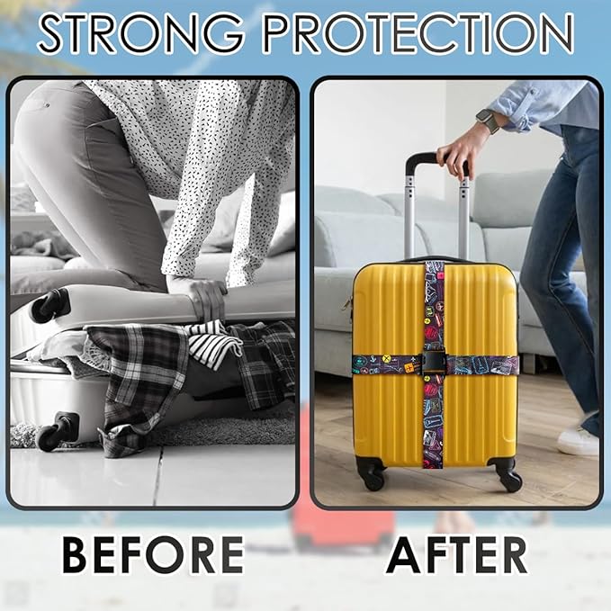 Gutsdoor Luggage Straps for Suitcases Adjustable Travel Belt, Connector Holds Suitcase Bright Colorful Identifiers Travel Bag Accessories (Airplane Black)