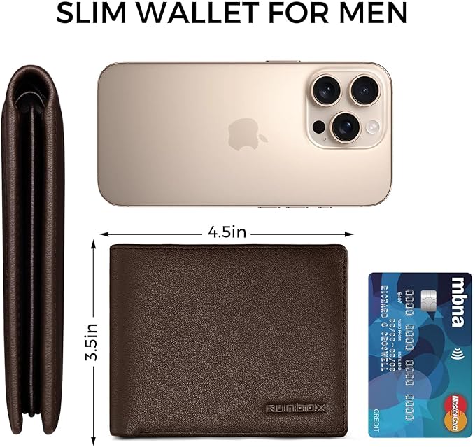 RUNBOX Leather Wallet for Men, Genuine Leather Mens Wallet Bifold Rfid Blocking with 12 Cards and 2 ID Windows, Minimalist Wallet for Men with Gift Box
