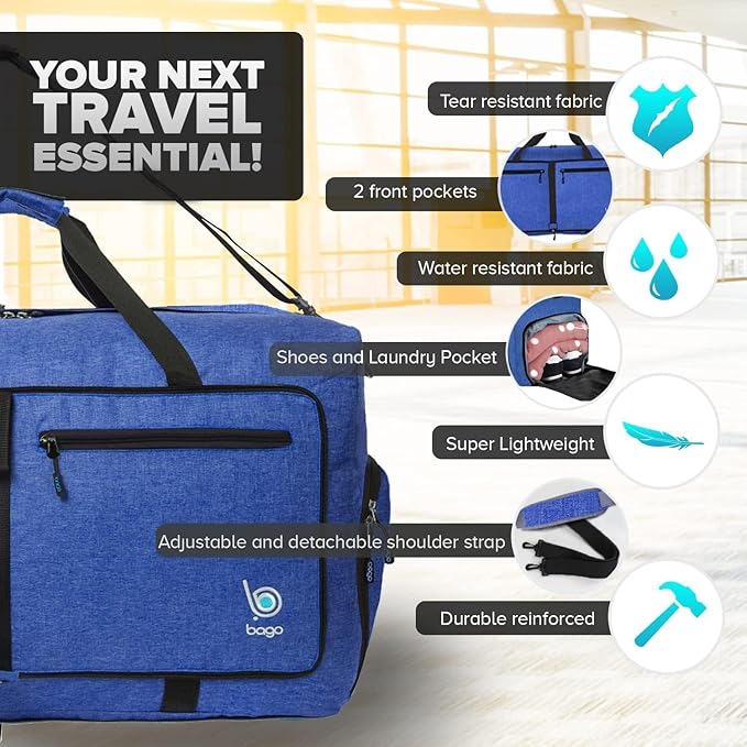 Bago Large Duffle Bag for Travel Women & Men. Durable Lightweight Foldable Travel Duffel Bags For Traveling Women. 80L Duffle Bags For Overnight Bag With Shoe Compartment Collapsible Weekender duffel