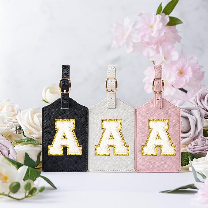 Initial Luggage Tag, PU Leather Luggage Tag, Embroidered Luggage Tag, Letter Luggage Tag, Monogrammed Luggage Tag, Luggage Tag for Baggage Bag Suitcase (A, Black Leather+White Letter)