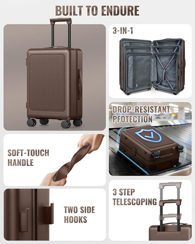 Joyway Luggage Sets 3 Piece with Spinner Wheels, Carry On Luggage 20In with ABS+PC Hardshell, Lightweight Suitcase Set with TSA Lock and Pressure-resistant Frame, 20/24/28 Inch, Coffee