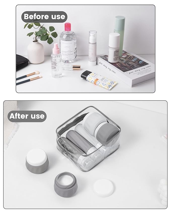 Travel Size Toiletries 8 Pack, TSA Approved 3oz Silicone Squeeze Bottles & Cream Jars with Clear Travel Bag