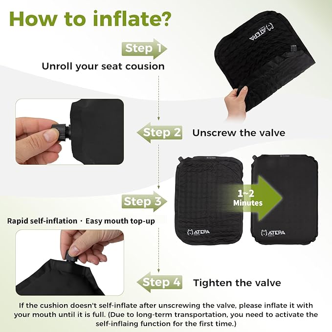 ATEPA Inflatable Seat Cushion, Self-Inflating Portable Stadium Airplane Travel Foam Cushion Pad for Camping, Sports Events, Outdoor