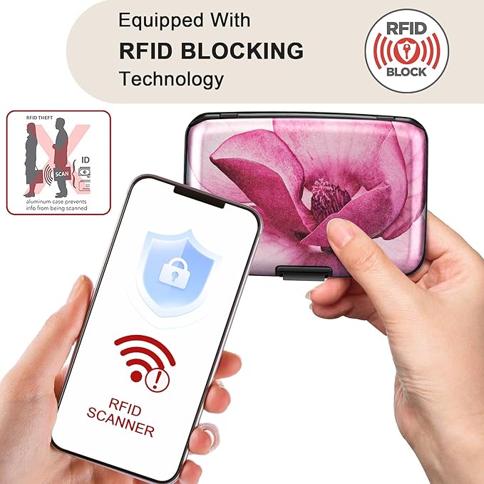 ELFISH Mini RFID Aluminum Wallet Credit Cards Holder Business Card Case Metal ID Case for Men Women(Pink Magnolia)