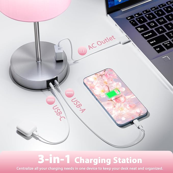 17.6" Pink Touch Lamps for Bedroom Set of 2 - Dimmable, USB C+A, AC Outlet | Large 17.6" Tall Lamp, 3-Way Dimming, 5000K Daylight Bulbs, Pink Lampshade Silver Base, Decor for Living Room, Boys, Girls