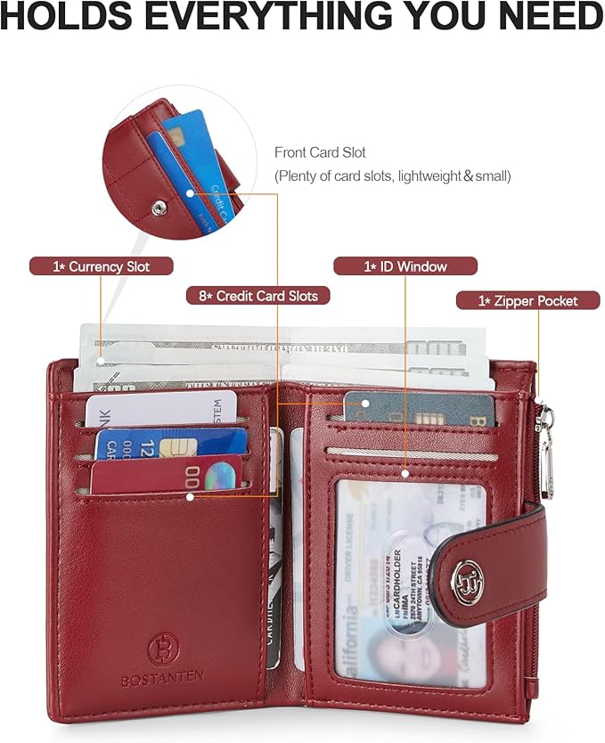 BOSTANTEN Small Wallet for Women Leather RFID Blocking Card Holder Bifold Compact Wallets With Zipper Coin Pocket Wine Red
