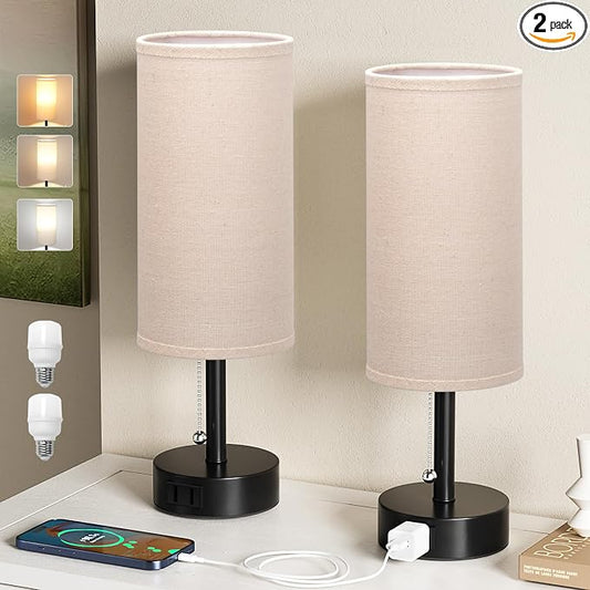 Beige Bedside Table Lamps Set of 2 - Bedroom Lamp for Desk, AC Outlet | 3CCT(3000K/4000K/5000K), LED Bulbs Included, Beige Fabric Lampshade, 14in Small Lamp for Nightstand, Guest Room, Living Room