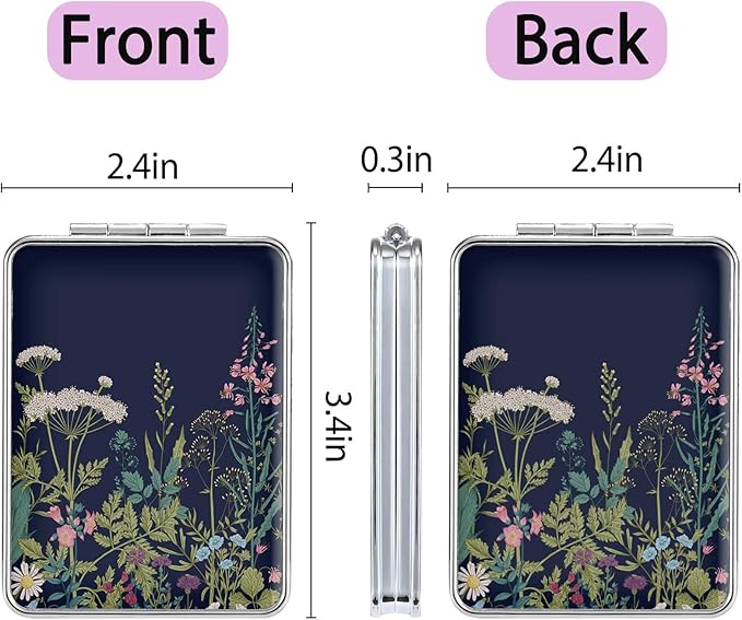 Pocket Mirror, Small Travel Mirror with Magnification, Portable Double-Sided Magnifying Cosmetic Mirror for Daily (Black Flowers)