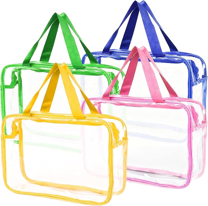 4 Packs Large Clear Toiletry Bag, Waterproof Clear Makeup Comestic Organizer Bags with Handle, Transparent Handbag with Zipper for Travel Airport Airline Vacation