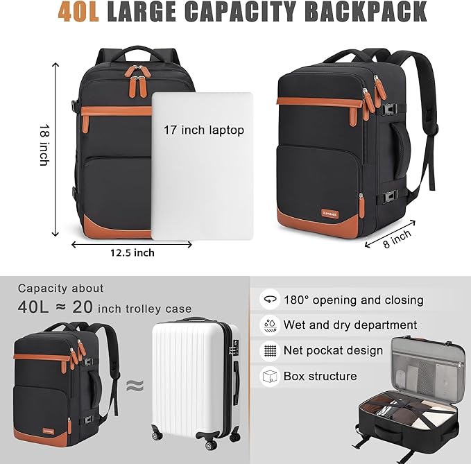 40L Travel Backpack, Water-Resistant Carry On Backpack for Men Women, Business Laptop Backpack for Trips & Commutes, Fits 15.6/17.3 Inch Laptop
