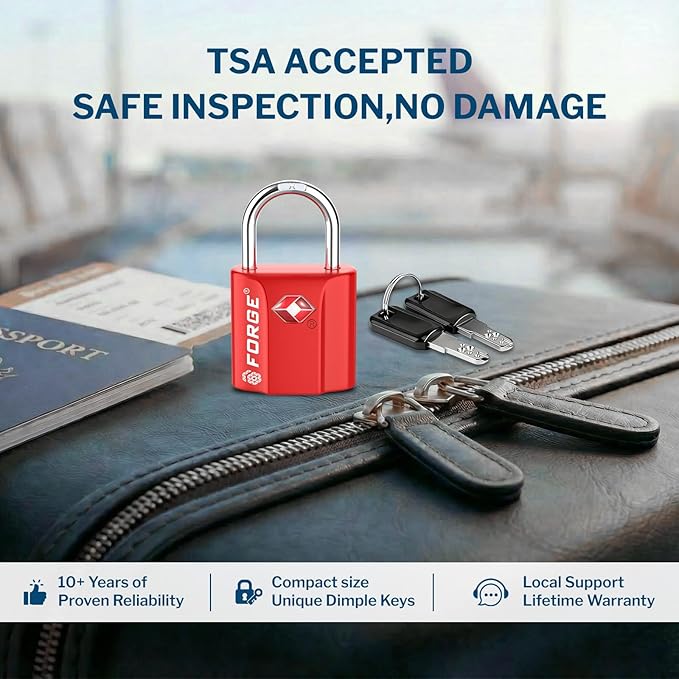 Forge Small TSA Approved Luggage Locks: Ultra Secure Dimple Key Travel Locks Alloy Body, for Luggage, Travel Cases, Backpacks, Red 4 Pack.