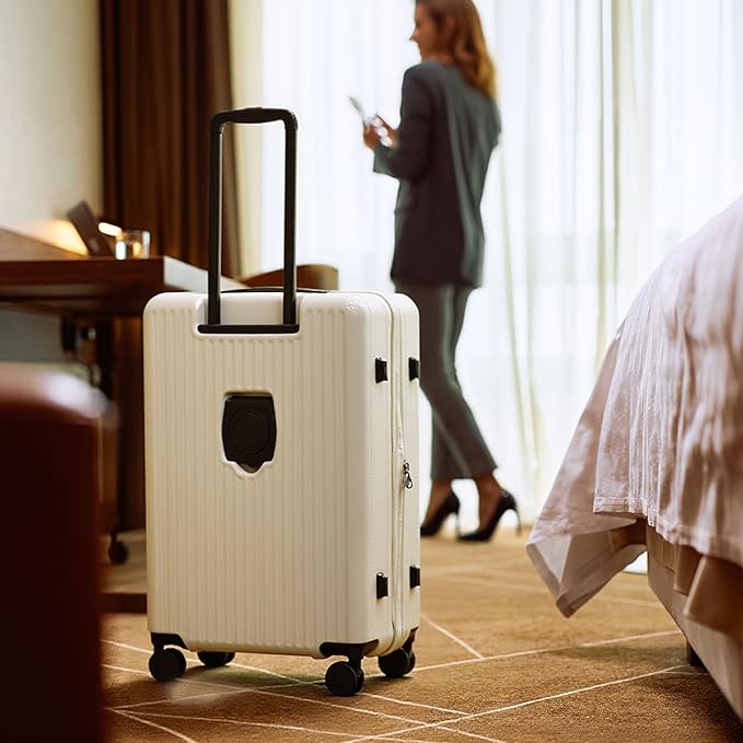 24 Inch Top Opening Expandable Checked Travel Luggage with Spinner Wheels,All PC Hard Shell Hardside Lightweight Medium Suitcase with TSA Approved Cup Holder for Business Trips Woman Men,White