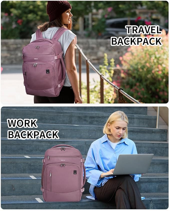 ECOHUB Travel Backpack for Women, 18x14x8 Spirit Airlines Personal Item Bag with Clear Toiletry Bag, Laptop Carry on Backpack with USB Port, Airline Approved Under Seat 14 Pockets 30L, Pink