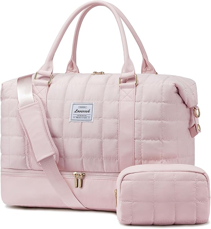 LOVEVOOK Large Duffle Bag for Travel, Puffer Weekend Bags for Women Travel Tote, Carry on Duffel Bag for Airplanes, 18 Inch Personal Item Bag Gym Bag Women, Pink