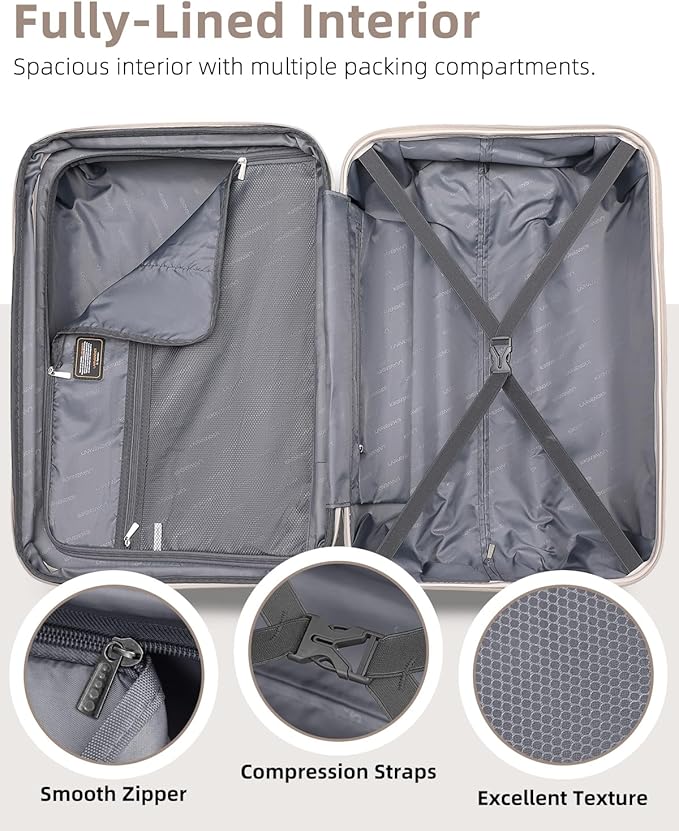 LARVENDER Carry on Luggage 22x14x9 Airline Approved, 20 Inch Hardside Suitcase with Wheels TSA Lock, PC+ABS Lightweight Travel Luggage Sets for Women, Glossy Champagne, 3 Piece Set