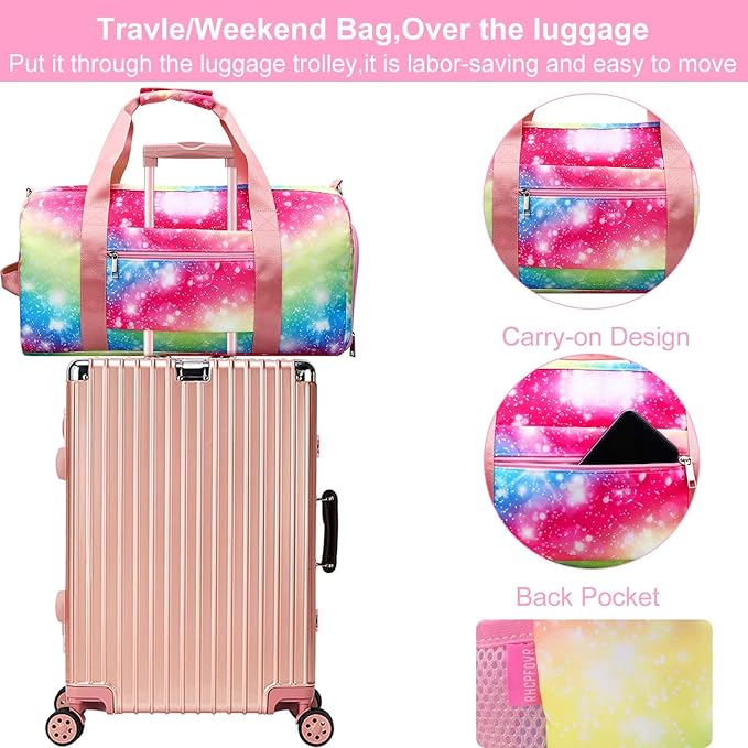 Gym Travel Duffle Bag for Girls - Gymnastics Sports Dance Bag with Shoe Compartment & Wet Pocket Unicorn Kids Travel Bag Teens Weekender Sleepover Carry