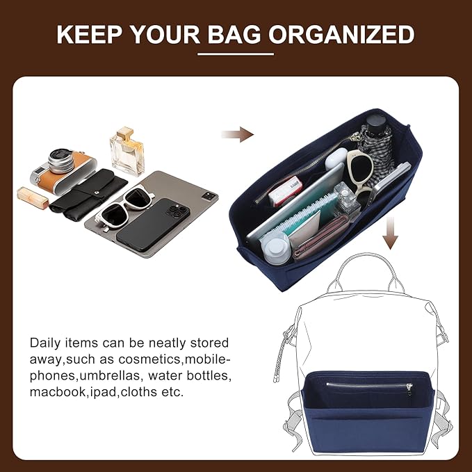 Doxo Backpack Organizer Insert for Longchamp Le Pliage L Backpack | Felt Material with 8 Compartments & YKK Zipper Pocket | Custom-Fit Longchamp Backpack Insert (LB, Navy)
