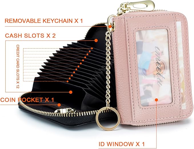imeetu RFID Credit Card Holder, Small Leather Zipper Card Case Wallet for Women