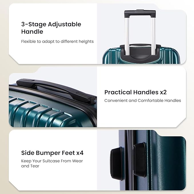 Luggage Sets 3 Piece, Hardside Lightweight Suitcase sets with Spinner Wheels, Large Checked Travel Suitcase for Family Travel, Suitcases Sets 20 24 28 Inch, GREEN