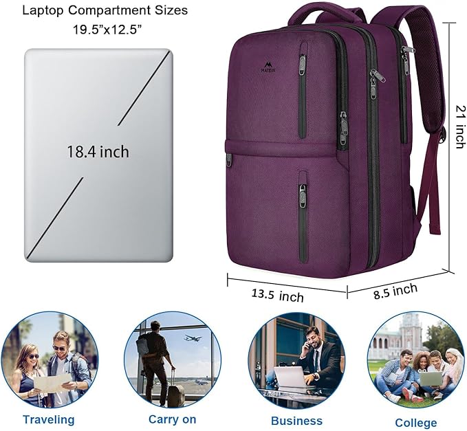 MATEIN Large 45L Travel Backpack for Women, Airline Approved Carry on Backpack with Shoe Compartment, Water Resistant Luggage College Overnight Weekender Travel Bag Fit 18" Laptop, Purple